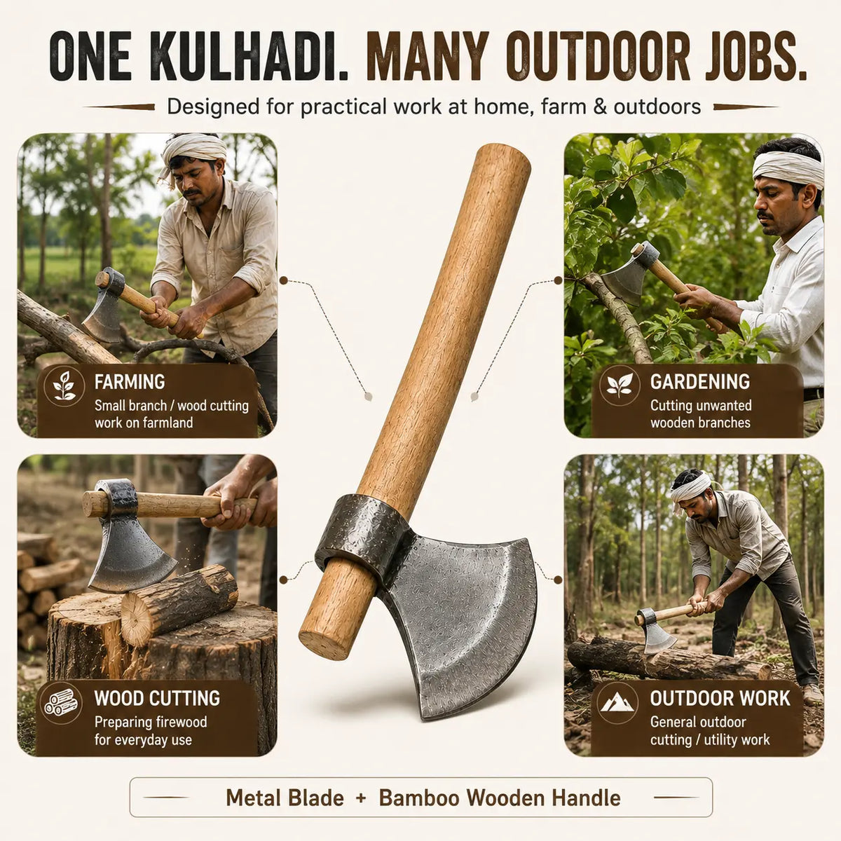 Heavy-Duty Axe (Kulhadi) with Bamboo Wooden Handle – Strong Metal Blade for Farming, Gardening & Wood Cutting