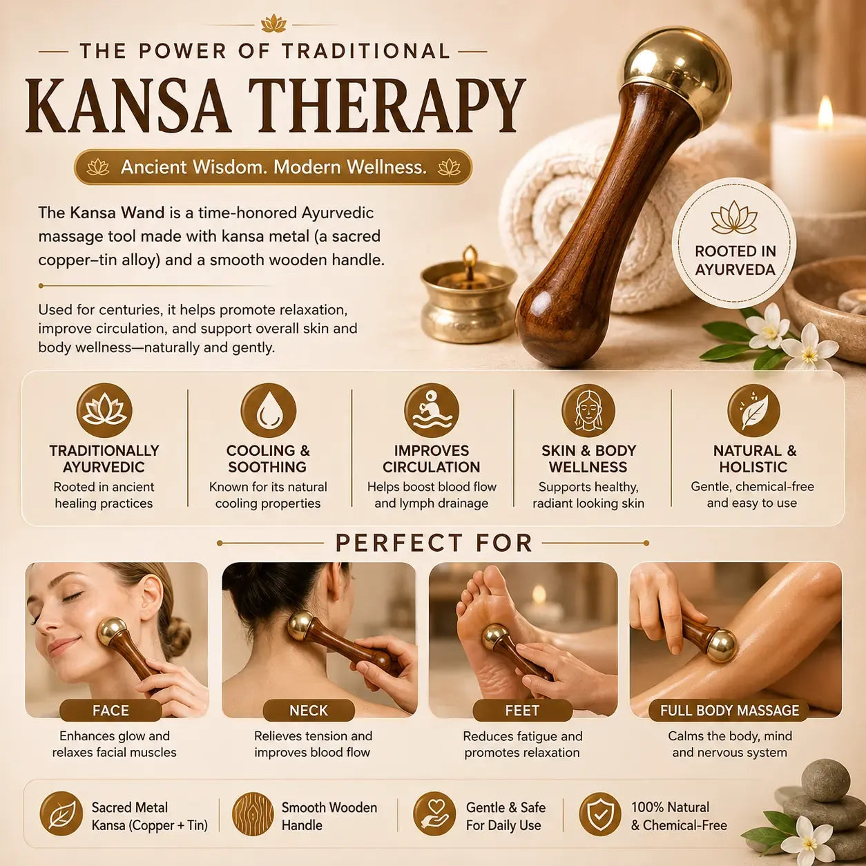 Ayurvedic Kansa Therapy Wand – Face, Body & Foot Massage Tool | Ancient Ayurvedic Wellness for Everyday