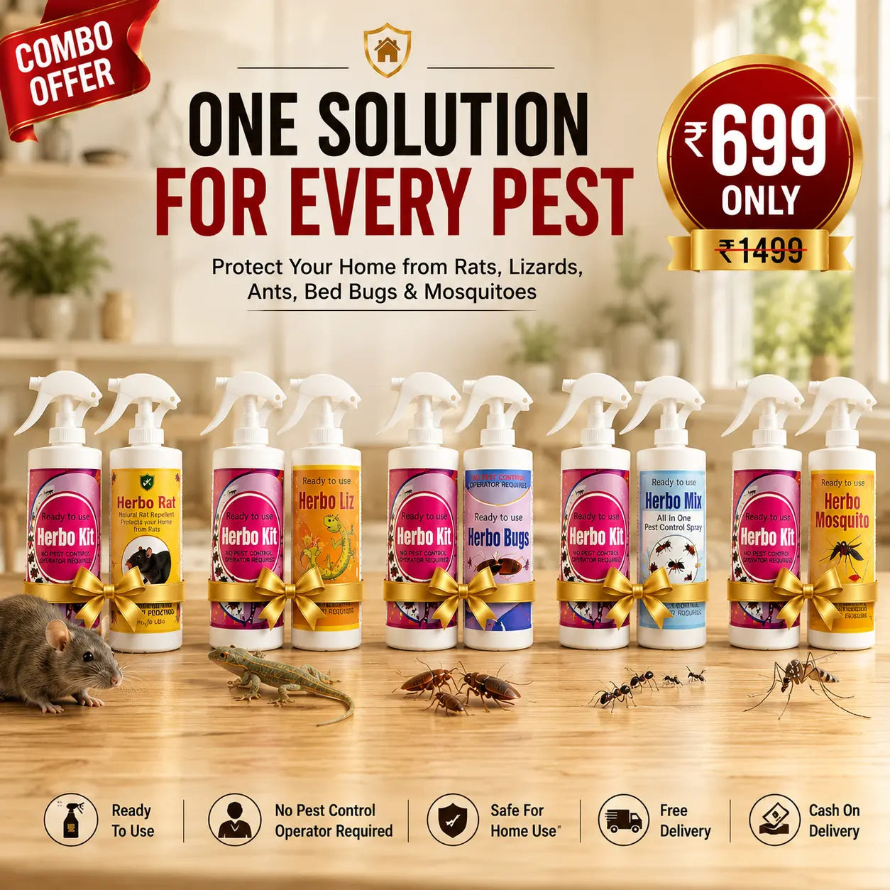 Herbo Kit All-in-One Pest Control Spray Combo | Rat, Lizard, Cockroach, Ant, Bed Bug & Mosquito Protection