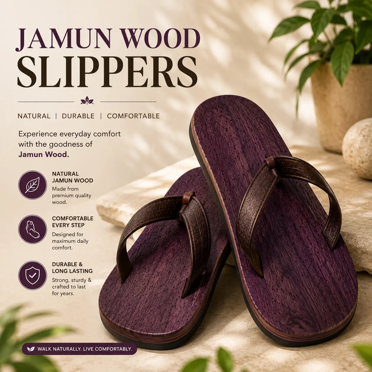 Premium Handcrafted Wooden Slippers for Men & Women | Natural Neem, Jamun & Arjuna Wood