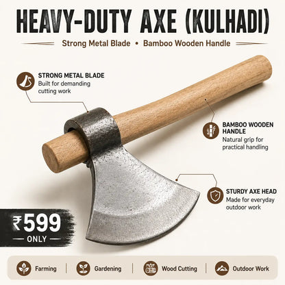 Heavy-Duty Axe (Kulhadi) with Bamboo Wooden Handle – Strong Metal Blade for Farming, Gardening & Wood Cutting