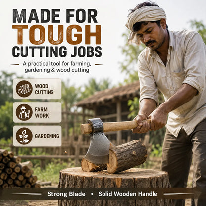 Heavy-Duty Axe (Kulhadi) with Bamboo Wooden Handle – Strong Metal Blade for Farming, Gardening & Wood Cutting