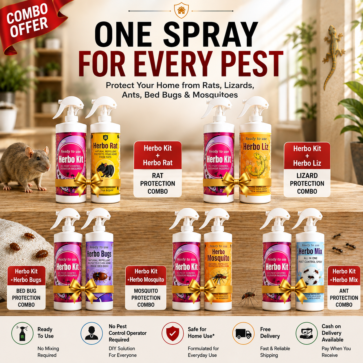 Herbo Kit All-in-One Pest Control Spray Combo | Rat, Lizard, Cockroach, Ant, Bed Bug & Mosquito Protection