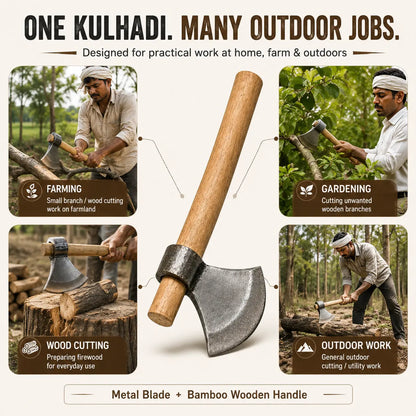 Heavy-Duty Axe (Kulhadi) with Bamboo Wooden Handle – Strong Metal Blade for Farming, Gardening & Wood Cutting