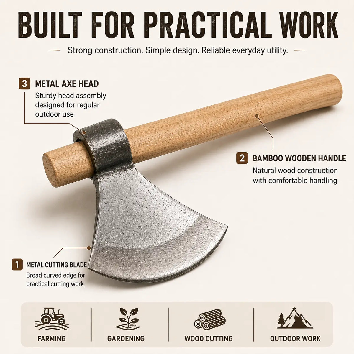 Heavy-Duty Axe (Kulhadi) with Bamboo Wooden Handle – Strong Metal Blade for Farming, Gardening & Wood Cutting