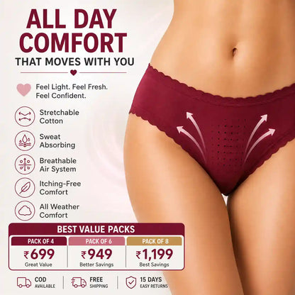 Women’s Stretchable Cotton Breathable Panty with Front Air System – Sweat Absorbing & Itching-Free Comfort