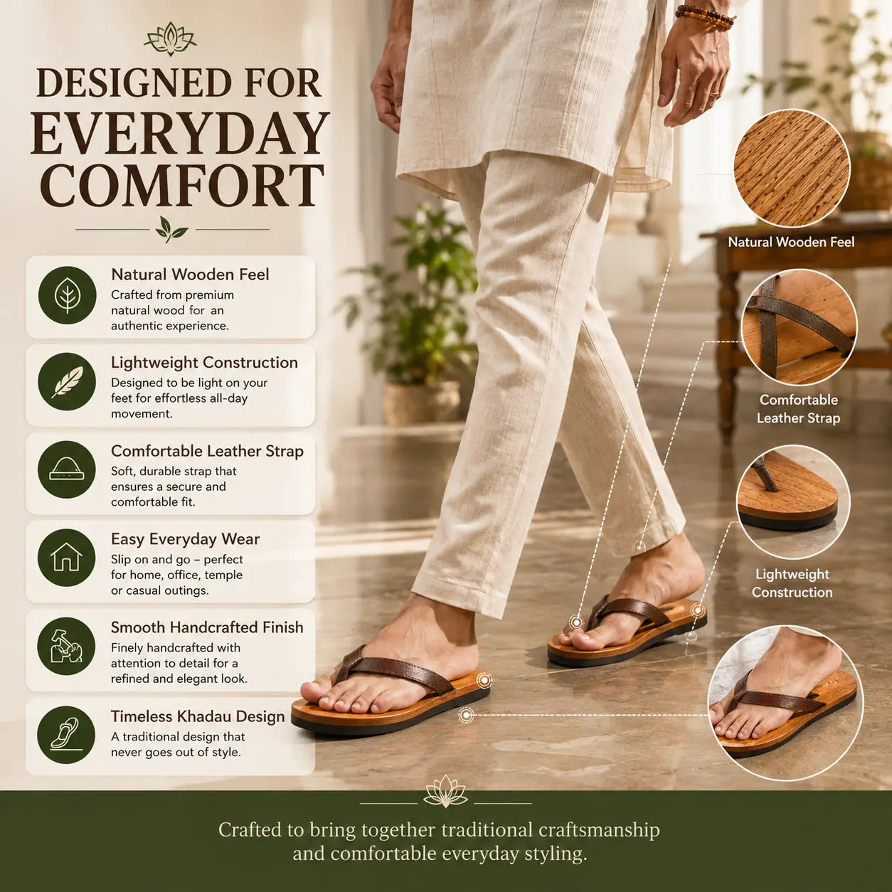 Premium Handcrafted Wooden Slippers for Men & Women | Natural Neem, Jamun & Arjuna Wood